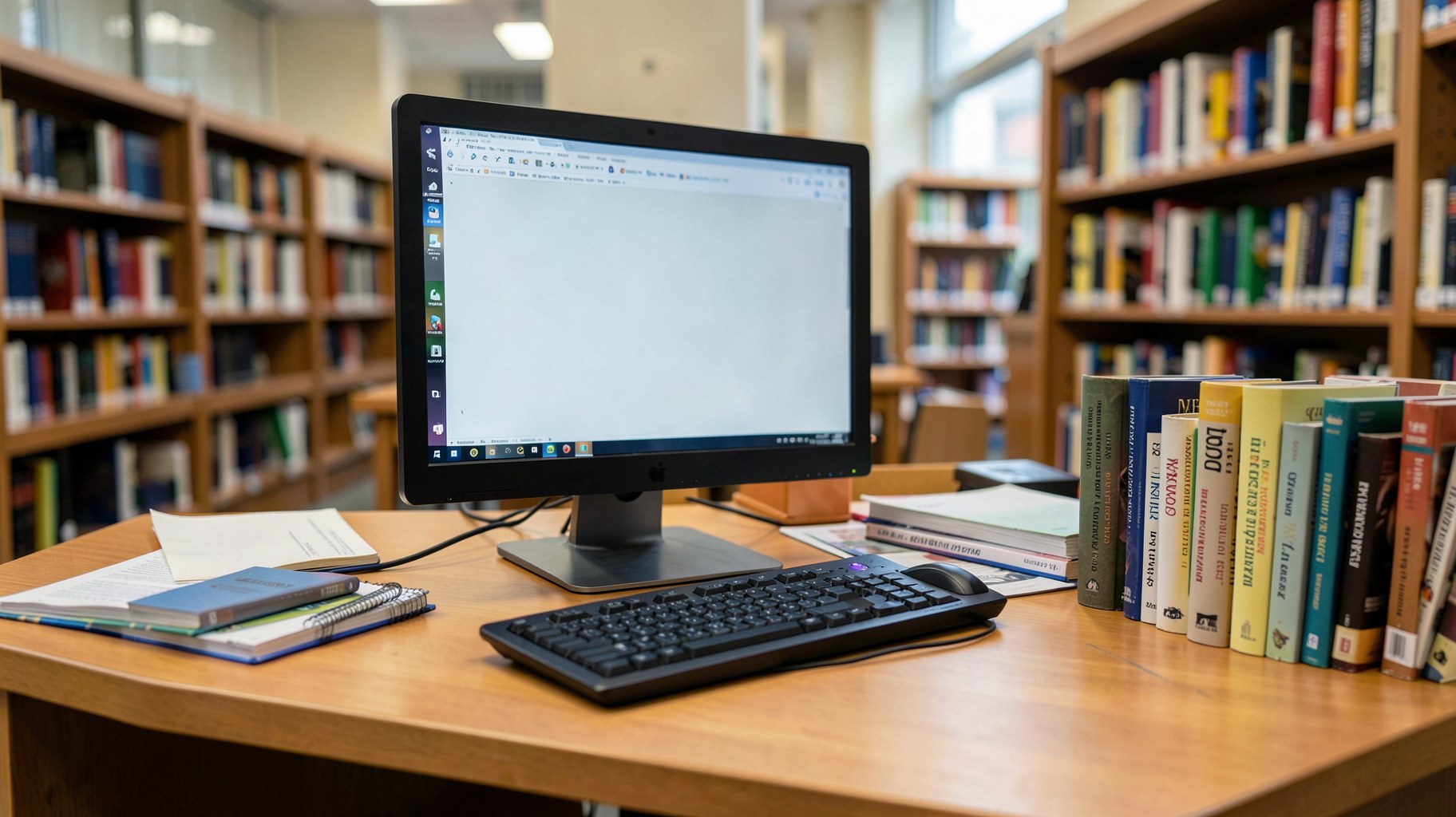 図書室で資料を検索する机とPC